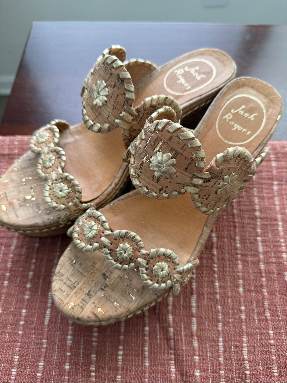 Jack Rogers Gold Cork Floral Embroidered Slide Mules